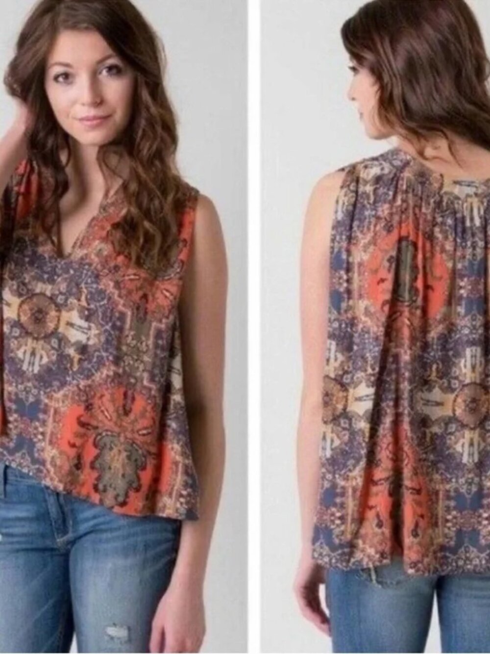 Free People Darcy V-Neck Sleeveless Paisley Swing Tank small